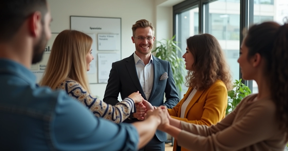 Líder simbólico reunido con equipo en círculo, gesto de unión de manos 