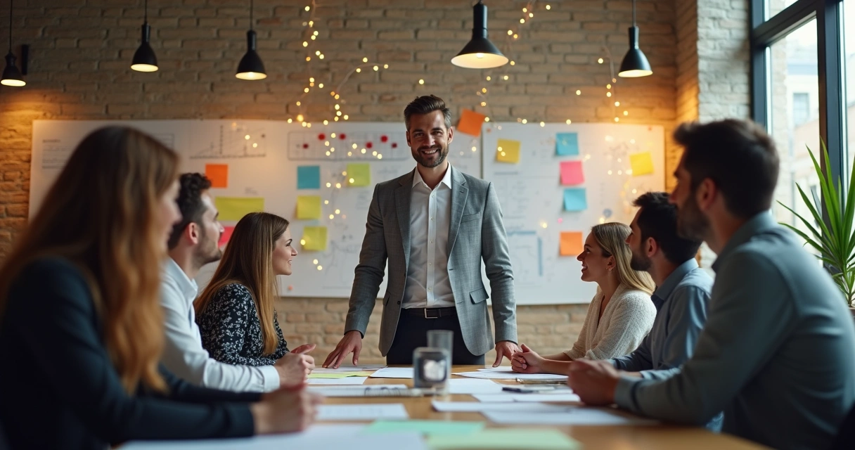 Líder tomando una decisión rodeado de su equipo en ambiente de oficina, con líneas visuales conectando a las personas