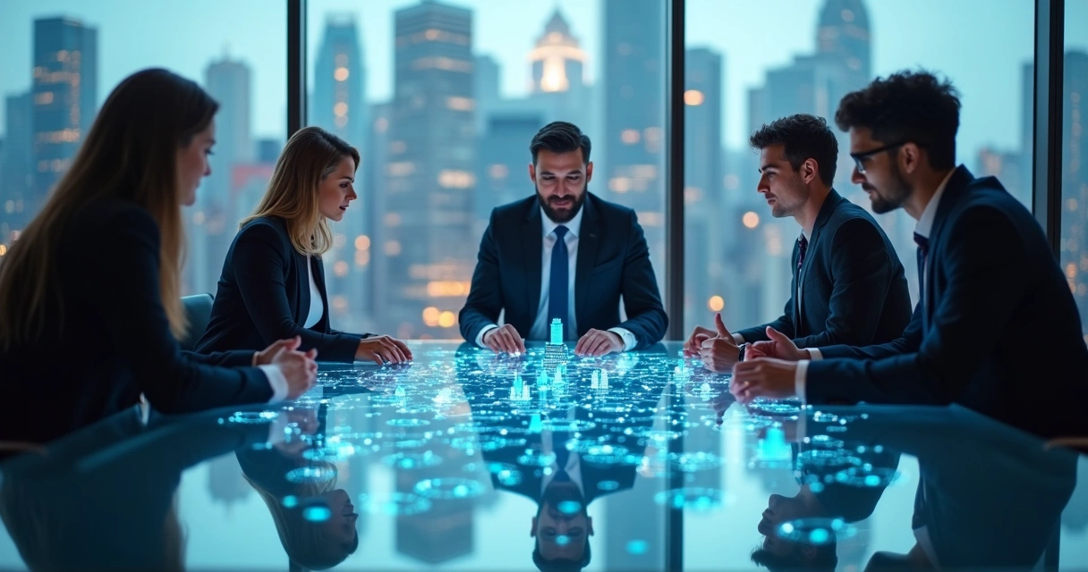 Equipo directivo observando un sistema de conexiones luminosas sobre una maqueta de ciudad 
