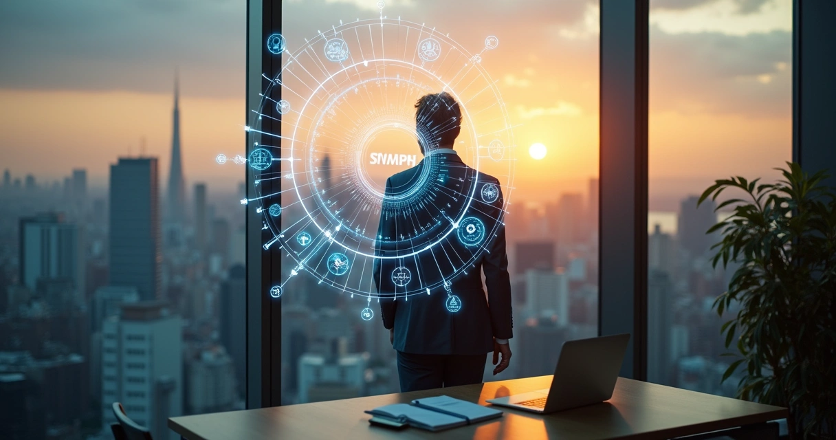 Líder observando un sistema de conexiones que representa cómo el entorno influye en sus decisiones 