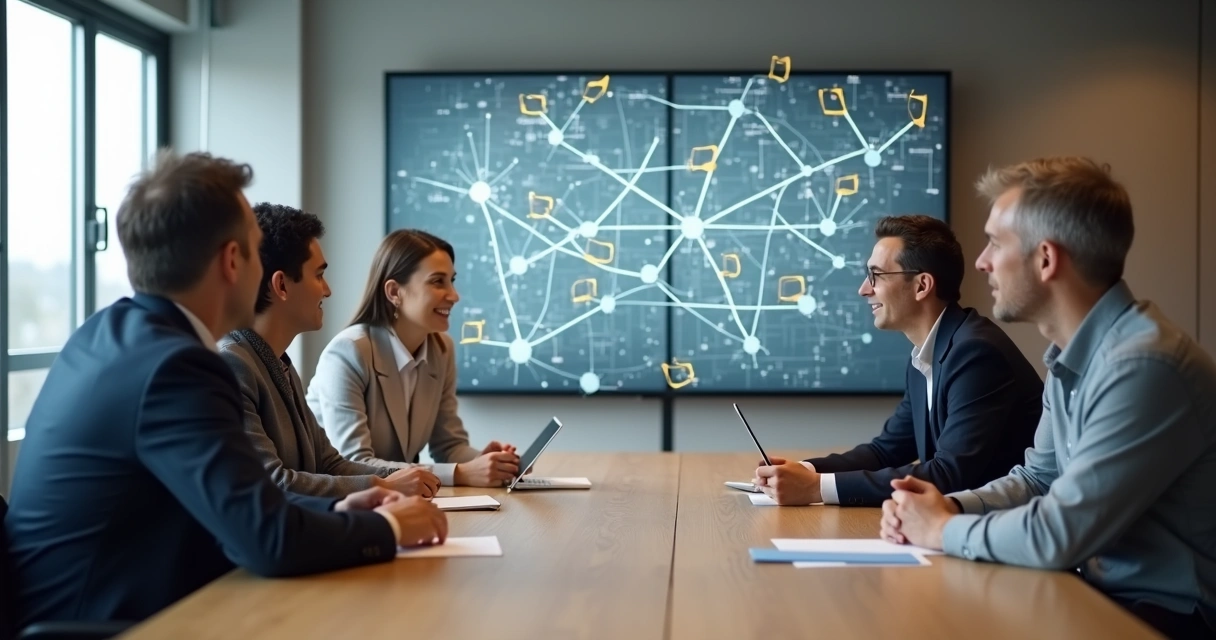 Grupo de personas colaborando con diagramas y conexiones 