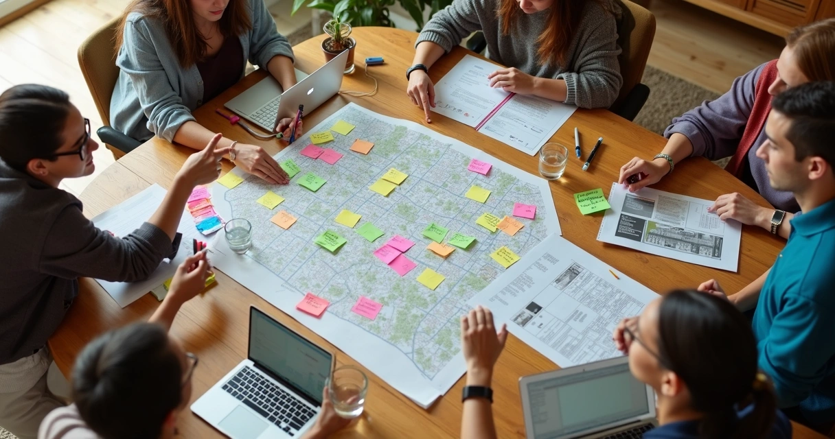 Equipo social organizando acciones comunitarias en una mesa de trabajo 