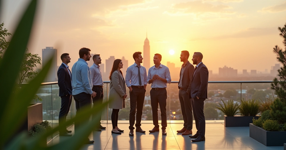 Líder rodeado de equipo diverso sobre ciudad verde sostenible 