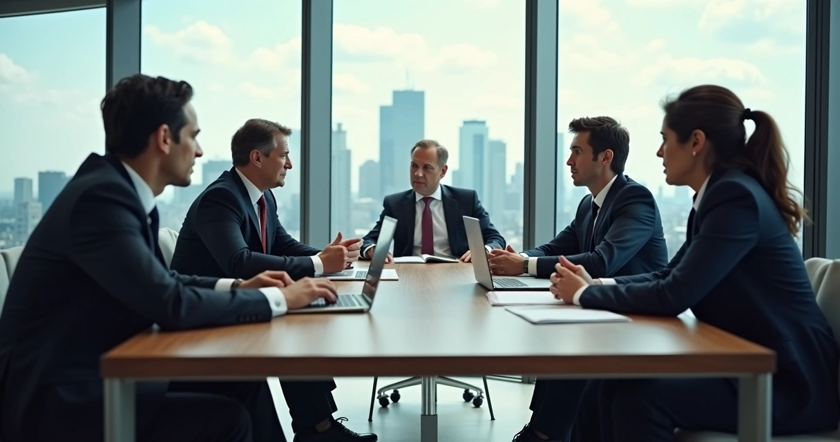 Directivos en mesa de reunión hablando de decisiones empresariales 