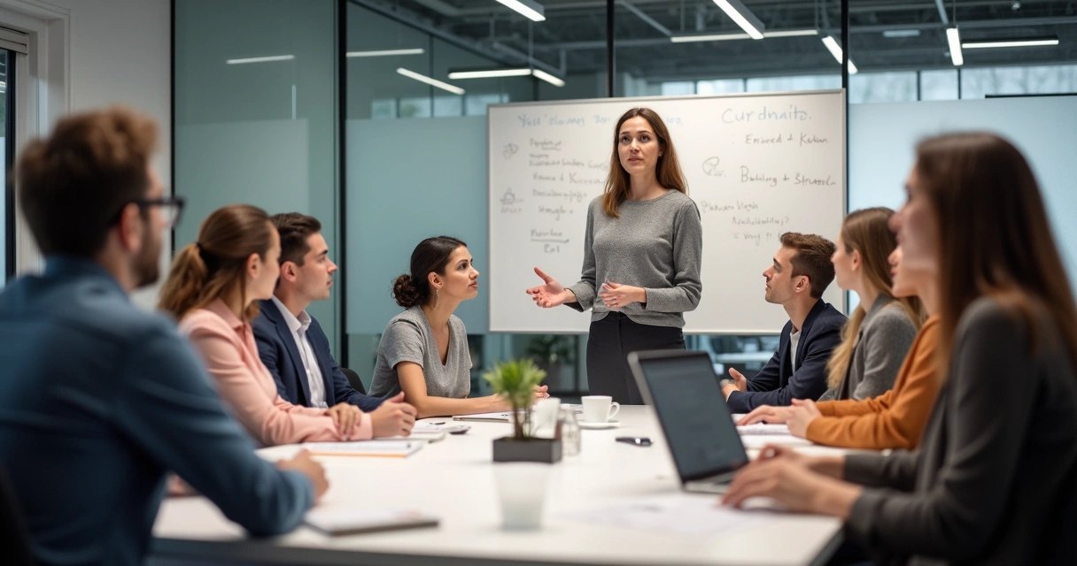 Mujer líder hablando frente a grupo en oficina moderna 
