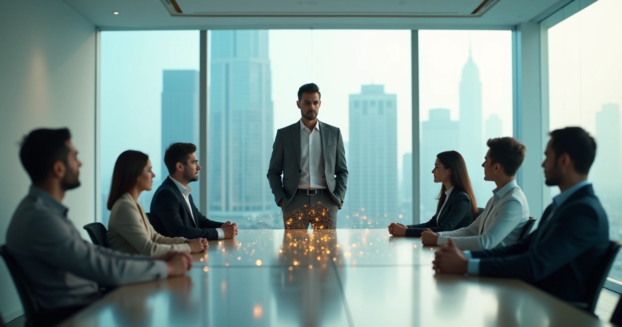 Directivo rodeado de siluetas conectadas por redes invisibles en una sala de juntas moderna 