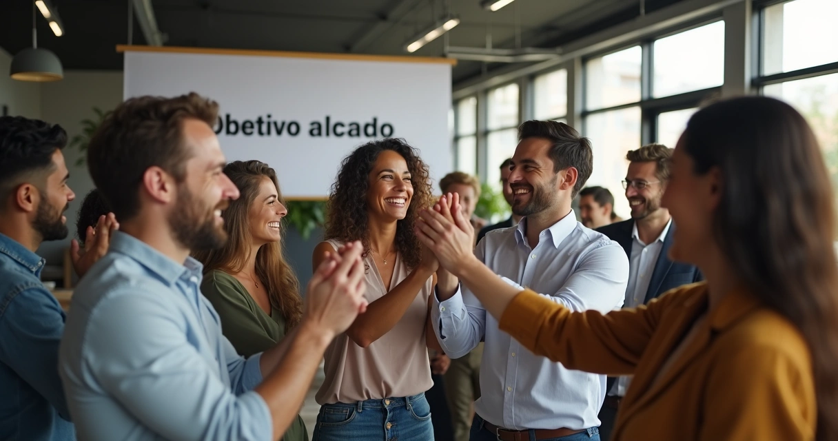 Time de trabalho comemorando resultado com gestos de união e alegria