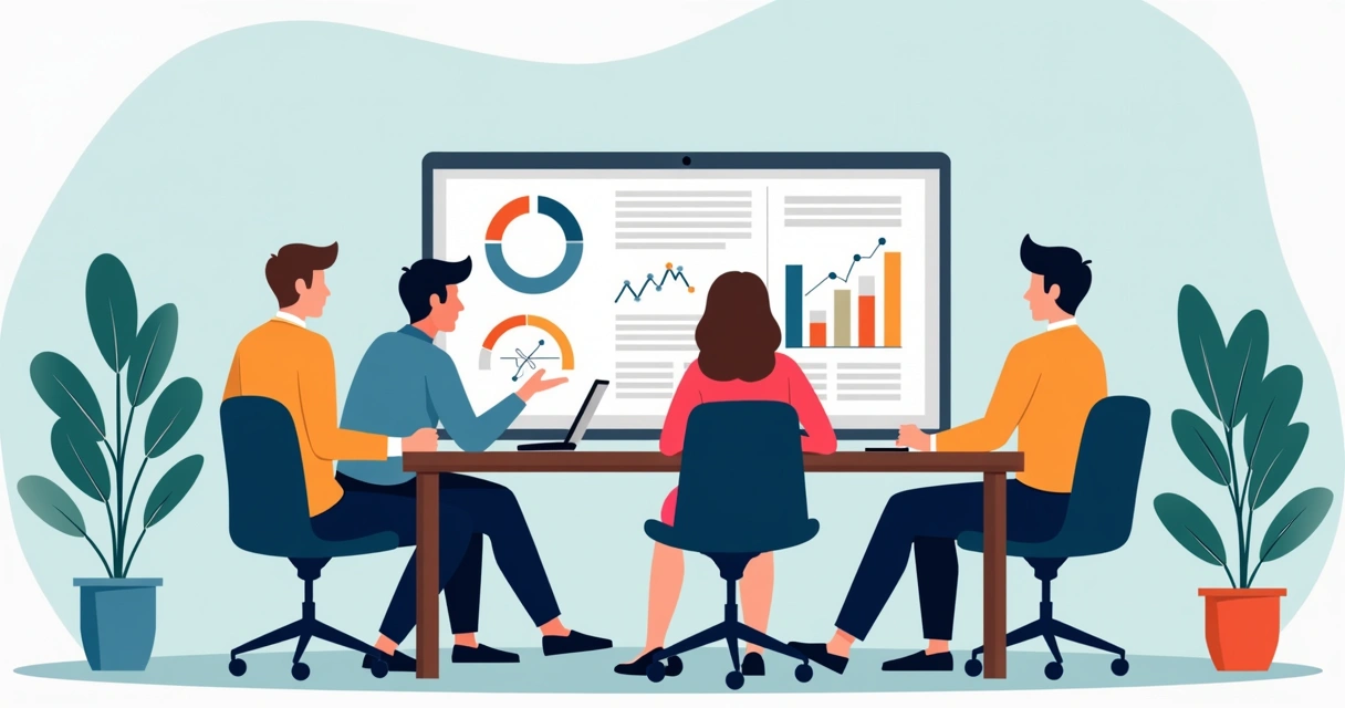 Líderes discutindo gráficos e relatórios de NPS em painel digital corporativo 