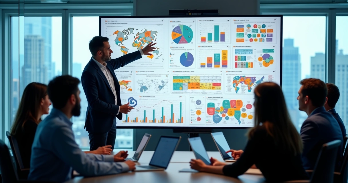 Profissional analisando dados de marketing em ambiente colaborativo com gráficos e mapas de fluxo 