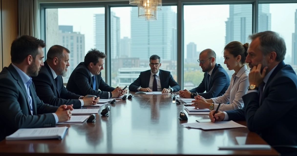 Grupo de líderes reunidos com expressões de ansiedade e papéis na mesa 