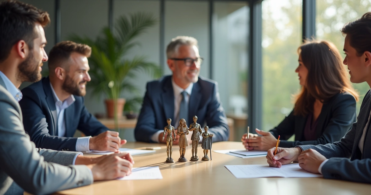 Líderes reunidos ao redor de uma mesa com símbolos de arquétipos, em ambiente corporativo