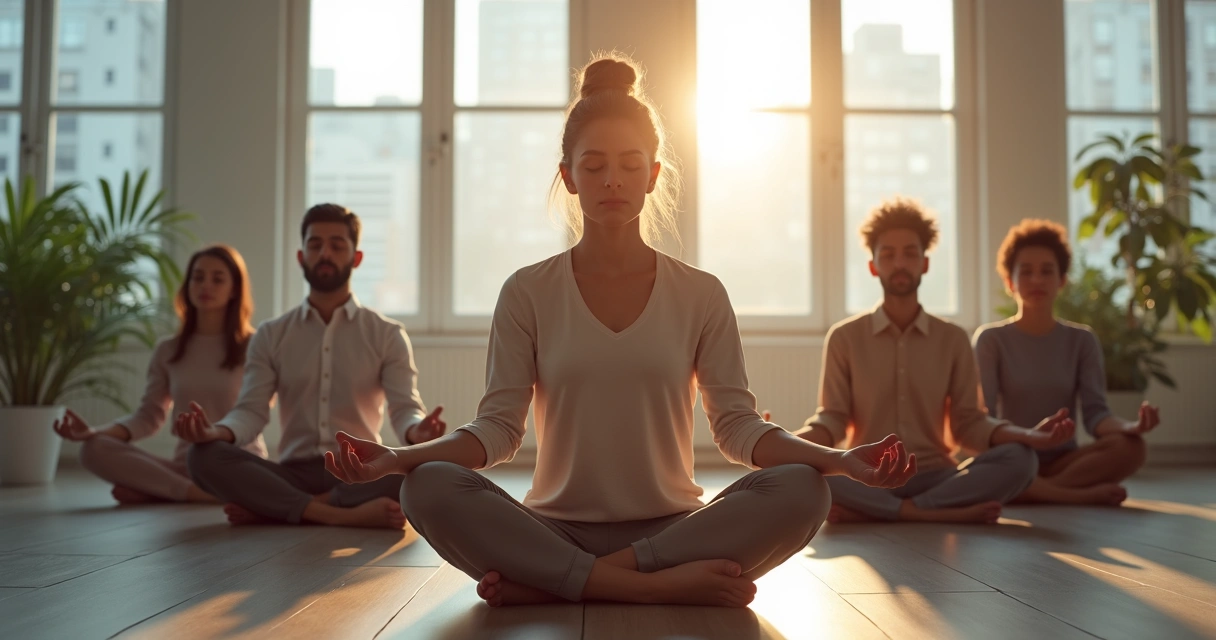 Líder meditando em posição de lótus em escritório ao entardecer.