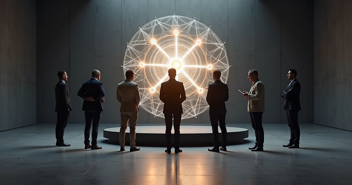Líderes em círculo observando modelo tridimensional conectado por fios de luz 