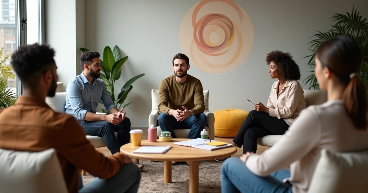 Líder mediando círculo de conversa com equipe diversa em escritório informal 