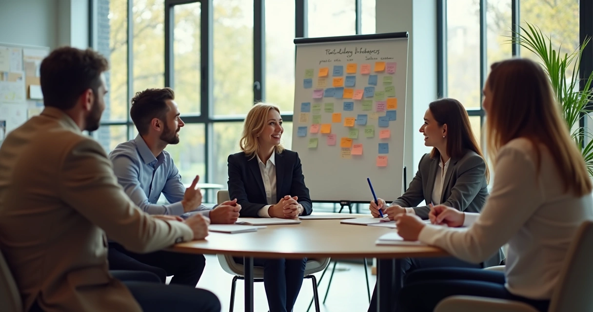 Grupo de líderes em roda discutindo ideias com quadro e anotações no centro