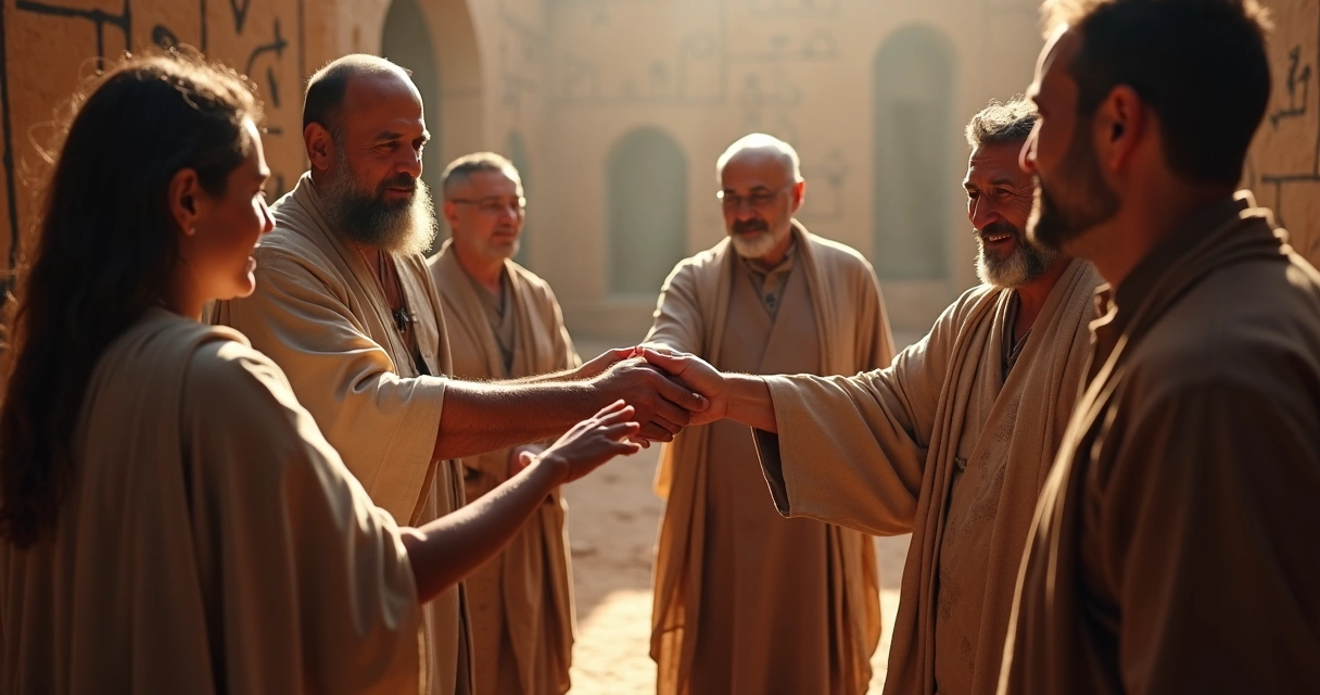 Líderes em roda, conectando mãos, ao fundo símbolos antigos nas paredes 