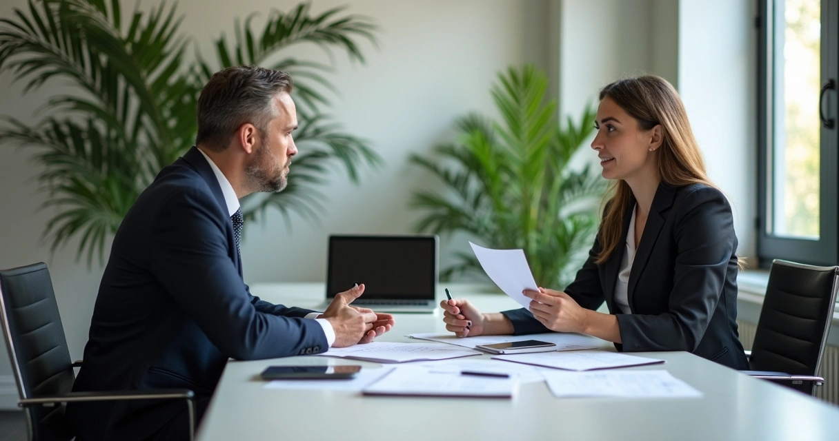Dois líderes conversando em um escritório, um em posição de ouvir e outro de explicar, papéis sobre a mesa, plantas ao fundo 