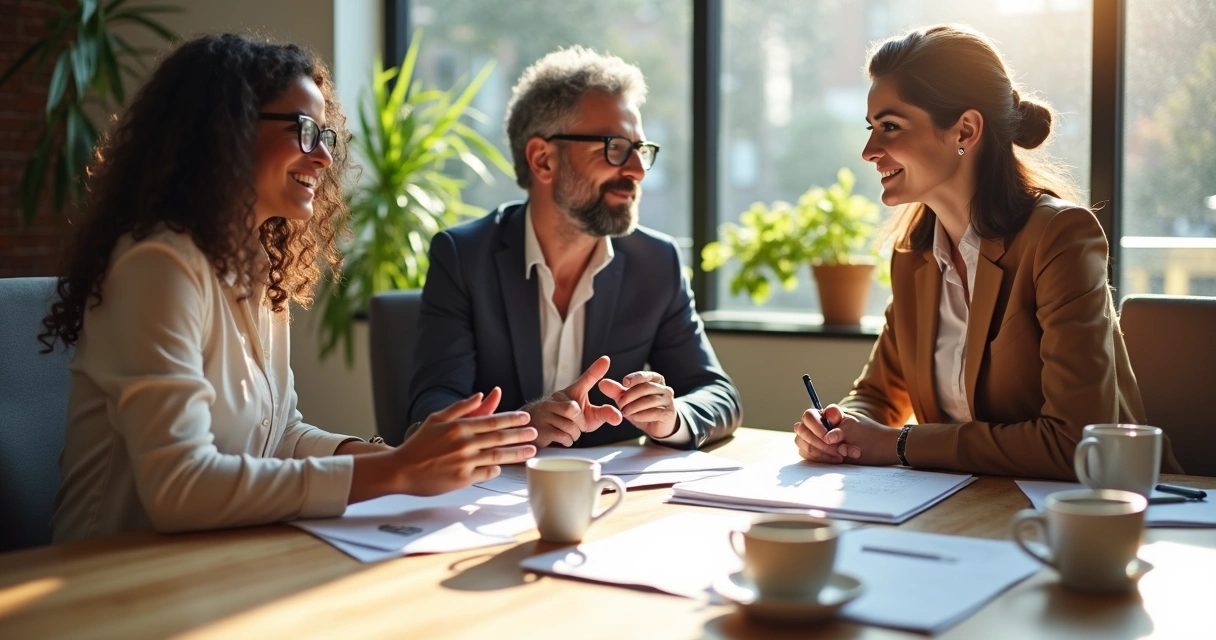Três líderes de diferentes perfis conversando em volta de uma mesa informal 