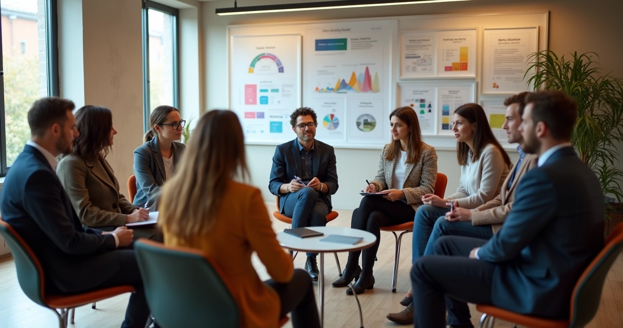 Grupo de líderes conversando em roda em uma empresa moderna
