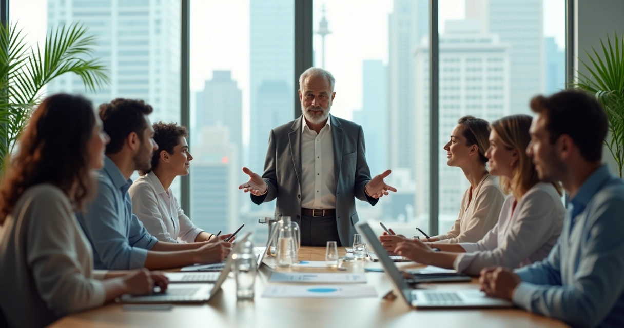 Líder consciente guiando a un equipo diverso en una sala de reuniones luminosa 