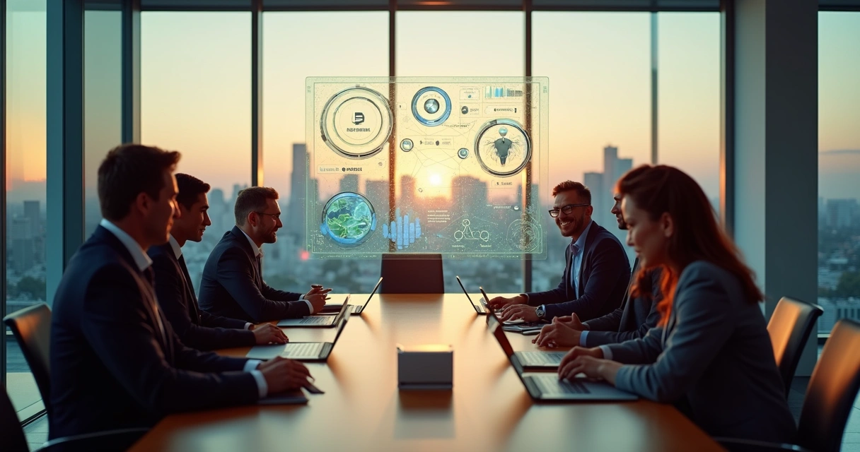 Líderes em reunião estratégica olhando painel digital futurista 