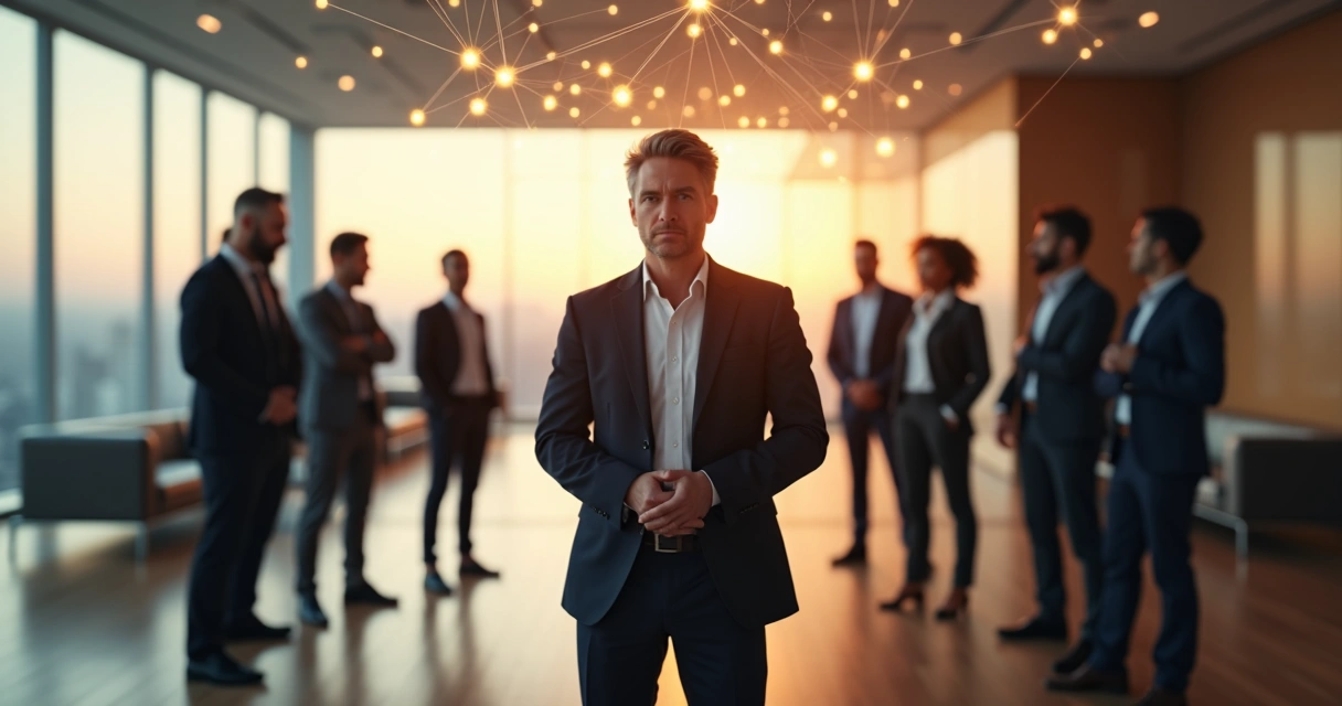 Líder observando equipe em círculo conectado por linhas de luz 