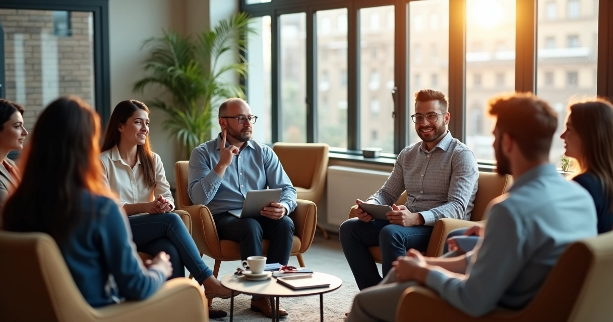 Líderes sentados em círculo conversando entre si 