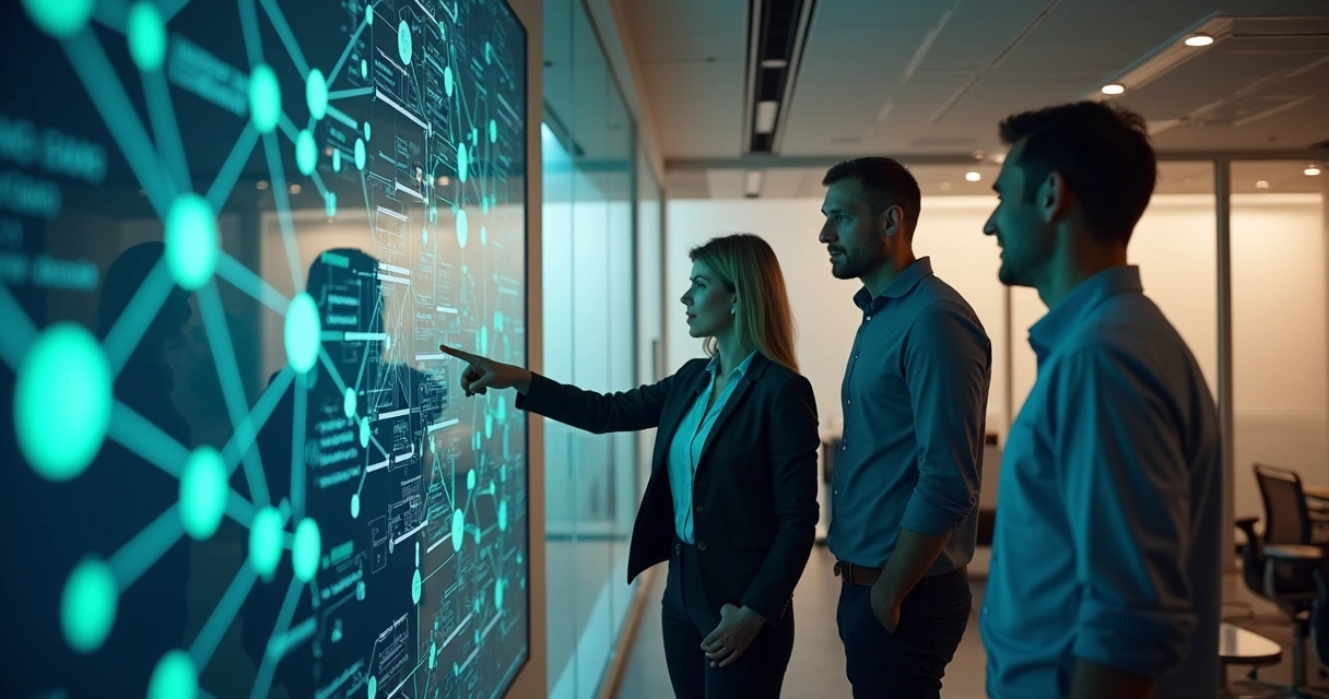 Profissionais observando um mapa de influência em tela no escritório