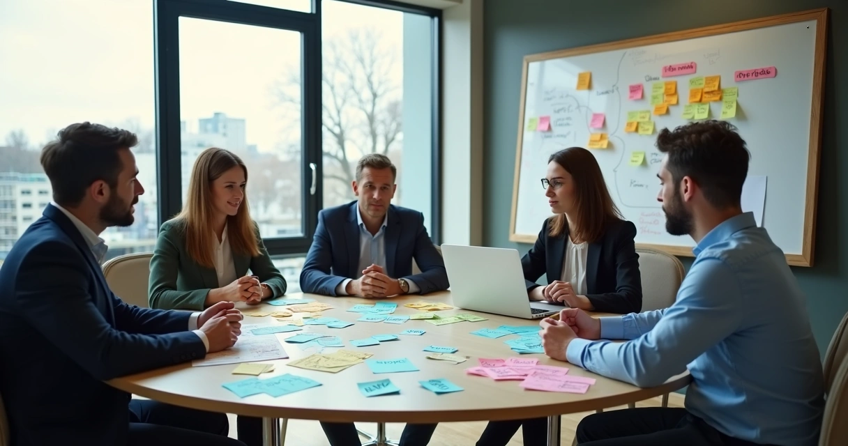 Cinco líderes de empresa sentados ao redor de uma mesa redonda, discutindo papéis coloridos com palavras-chave, em ambiente moderno com luz natural 