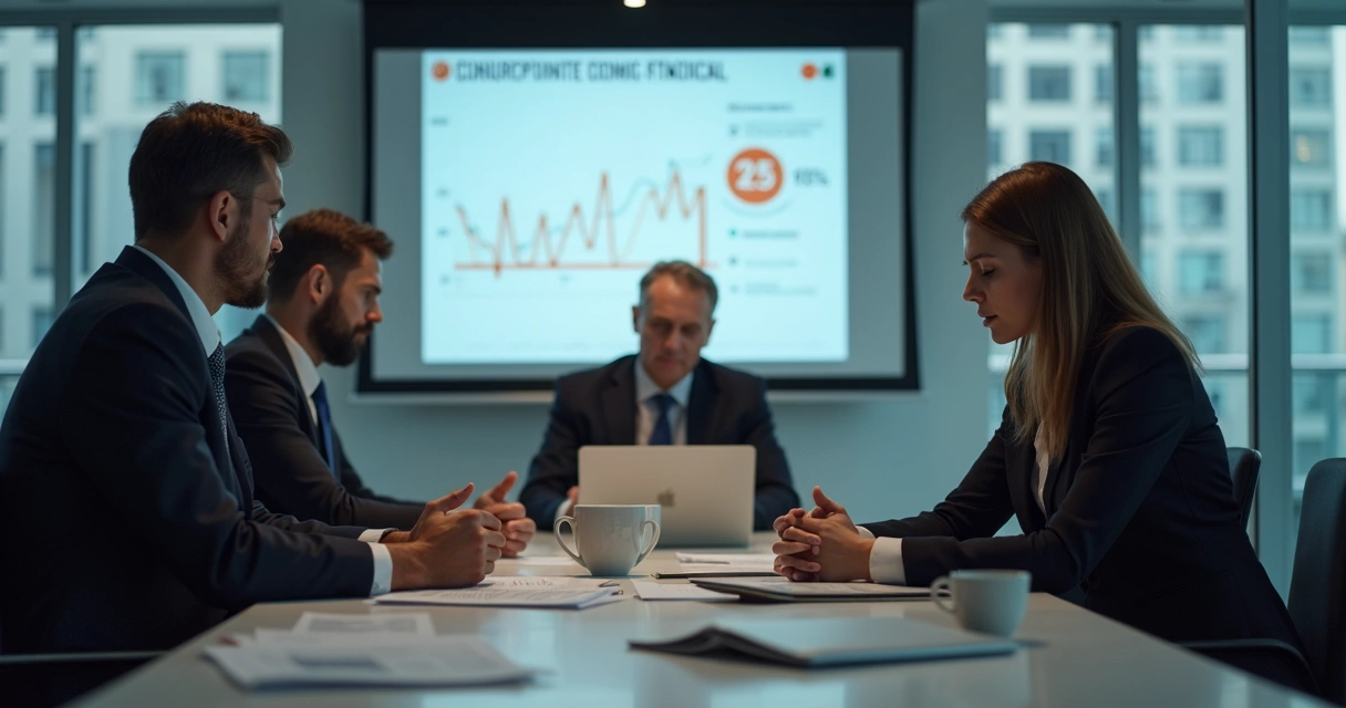 Grupo de líderes em reunião séria, refletindo hesitação em ambiente corporativo 