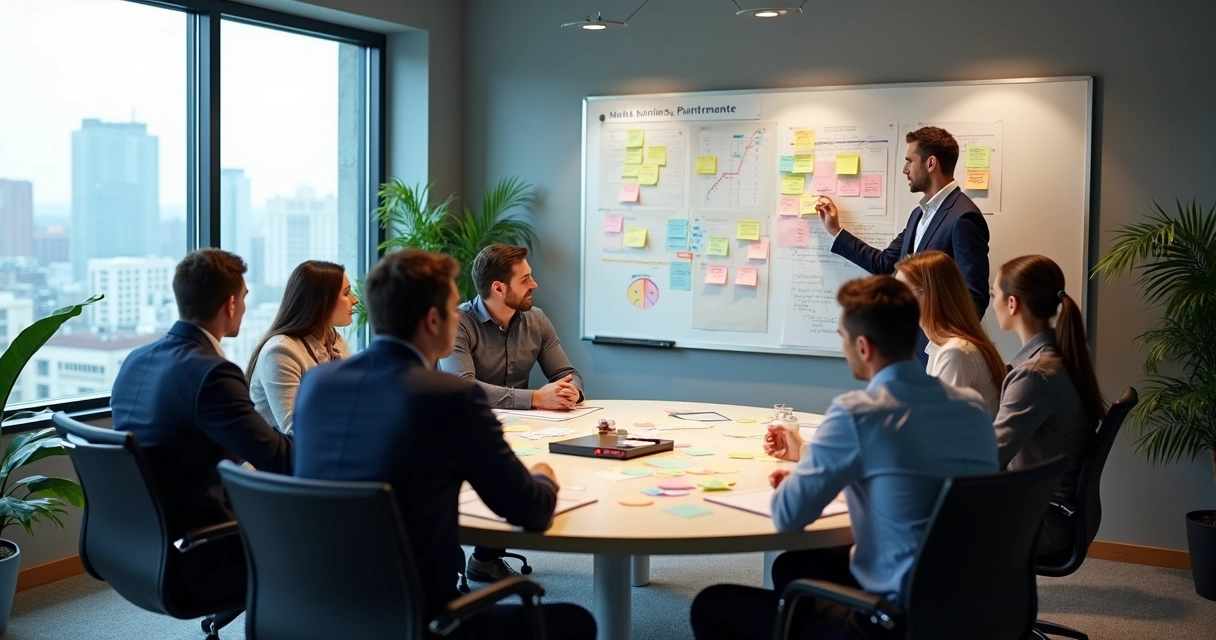 Líderes definindo métricas de avaliação em reunião