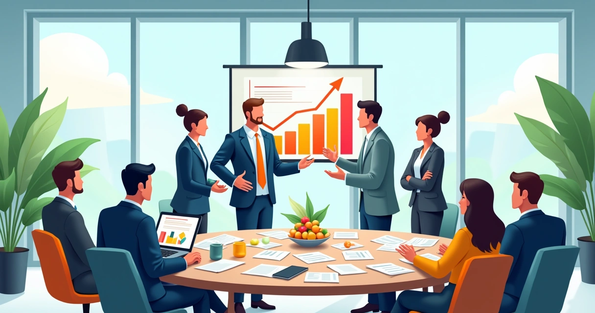 Grupo diversificado de líderes de negócios em um escritório moderno, discutindo ideias com entusiasmo.