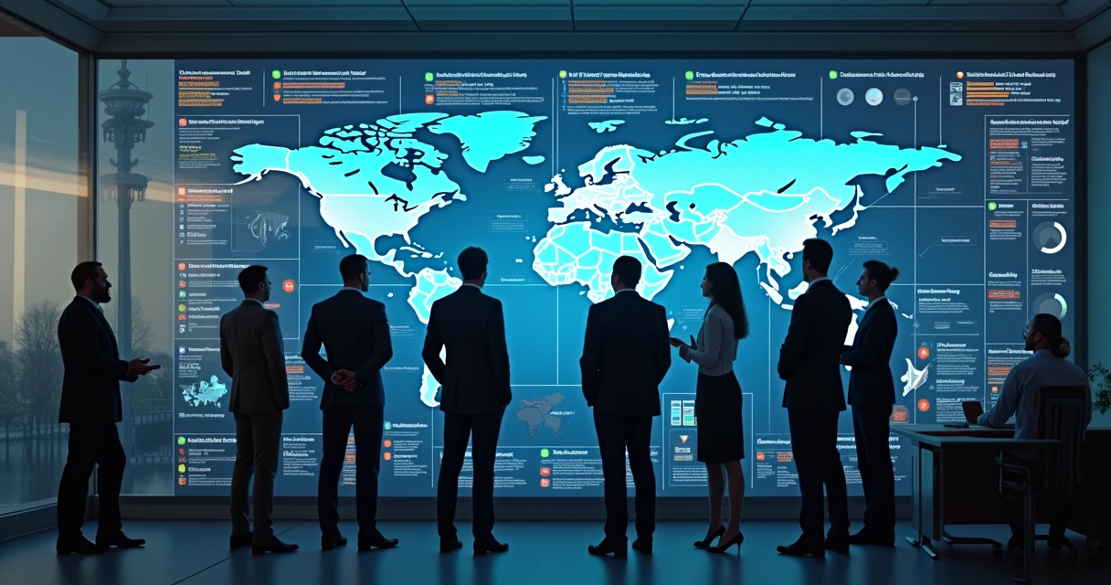 Grupo de líderes analisando painel digital com mapas estratégicos e indicadores humanos