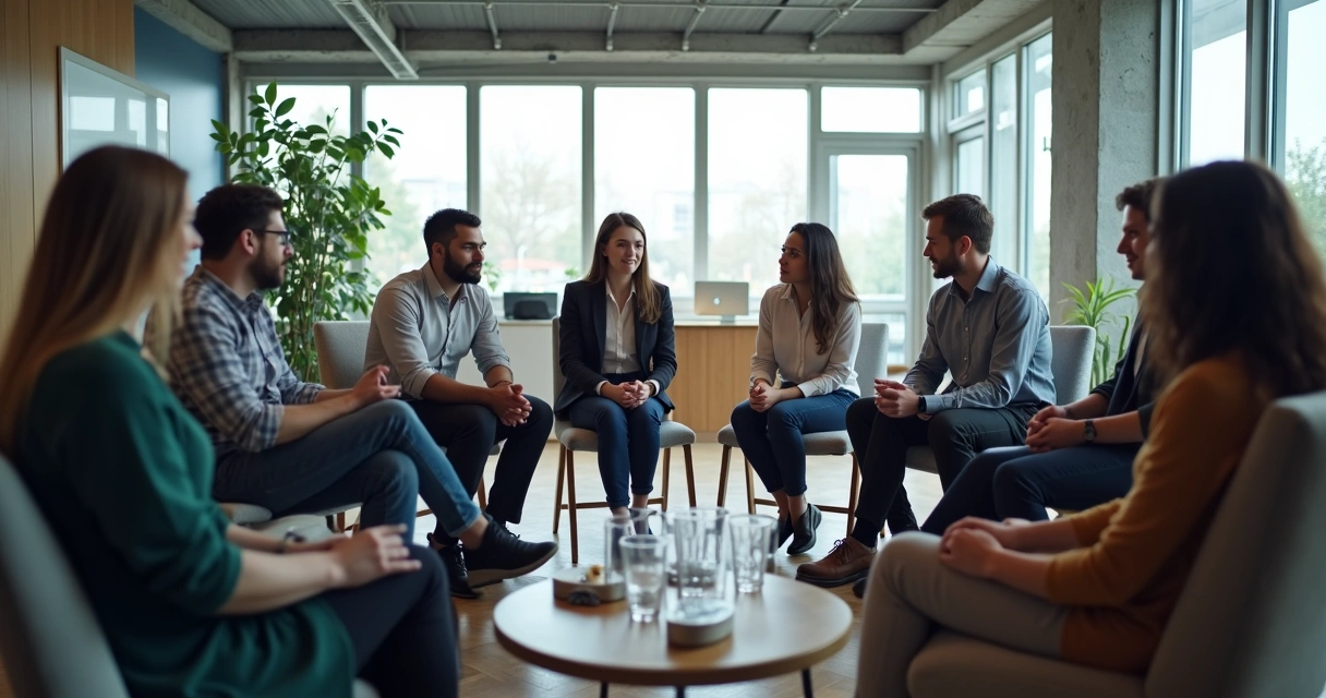 Grupo de pessoas em círculo discutindo, com foco em papéis de liderança 