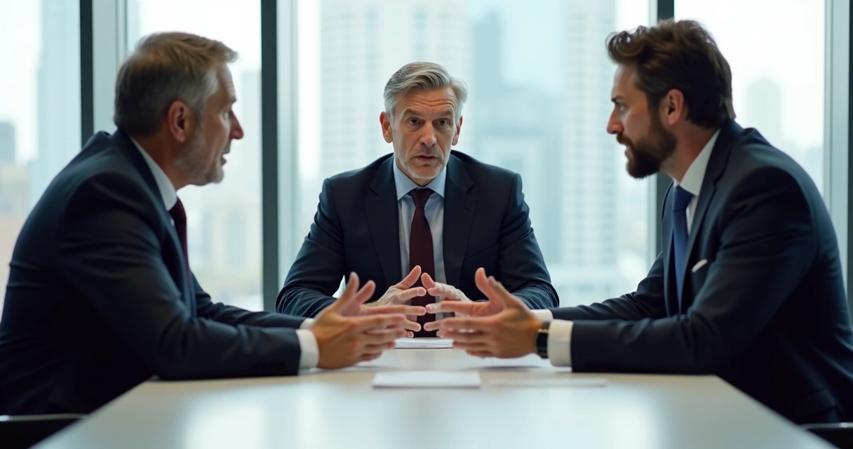 Três líderes sentados à mesa conversando de frente, ambiente moderno e sóbrio, destaque no olhar atento entre eles 