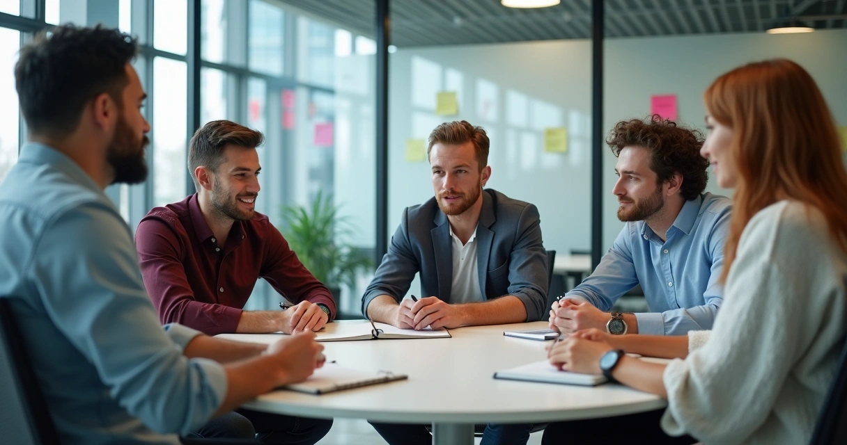 Grupo de líderes em formação discutindo em sala de reunião 