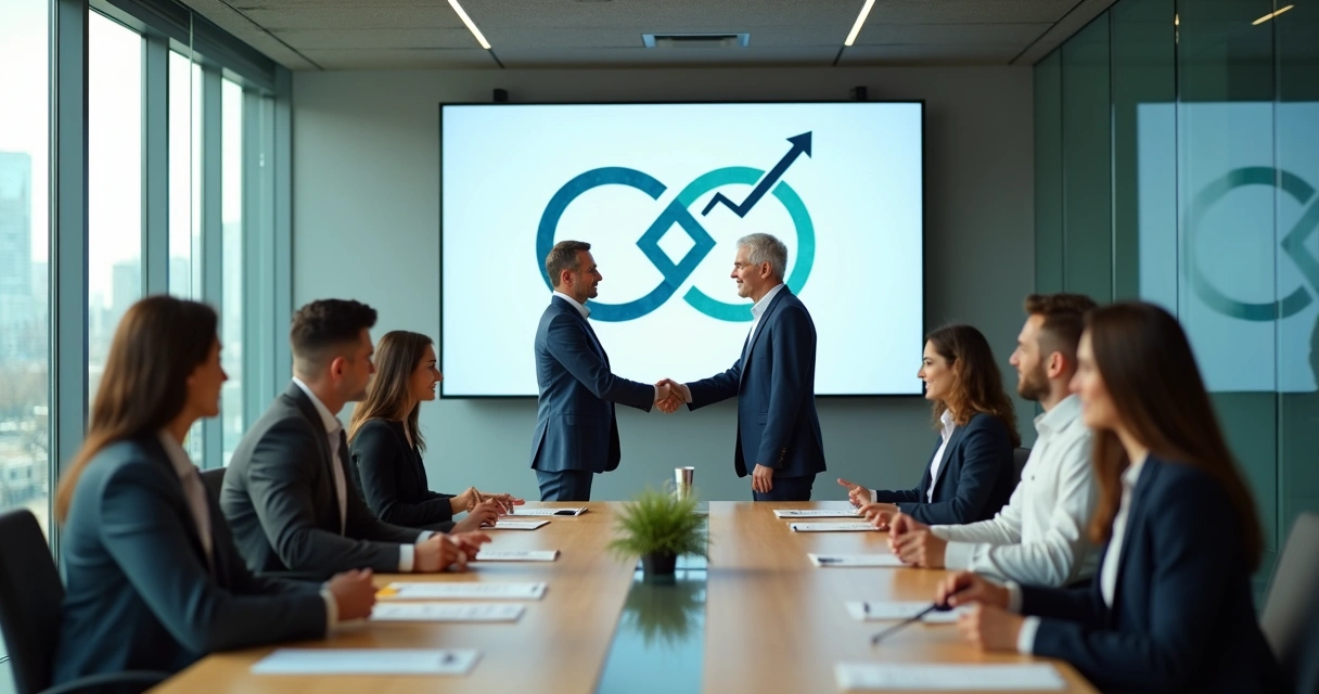 Dois líderes apertando as mãos diante de equipes integradas em fusão empresarial 