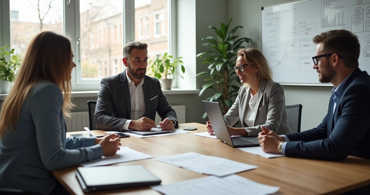 Líderes reunidos em torno de uma mesa discutindo de forma colaborativa 
