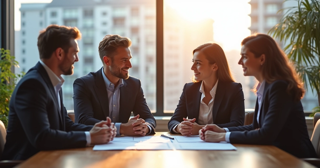 Três líderes em reunião corporativa em sala iluminada, discutindo ideias e sorrindo 