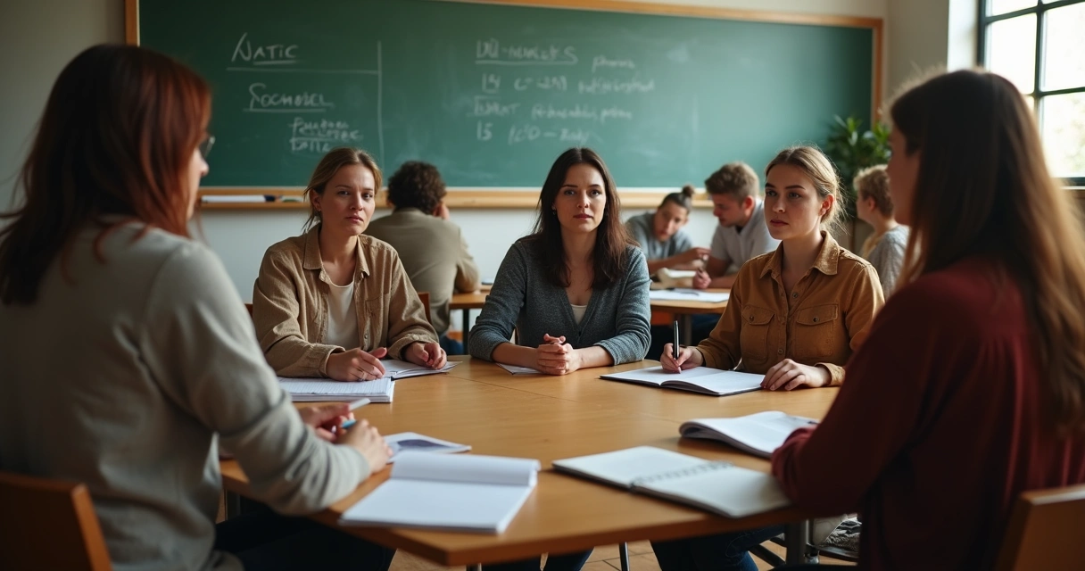 Líderes comunitários sentados em roda durante reunião em escola