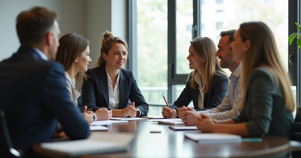 Equipe de escritório de advocacia em conversa aberta durante crise recente 