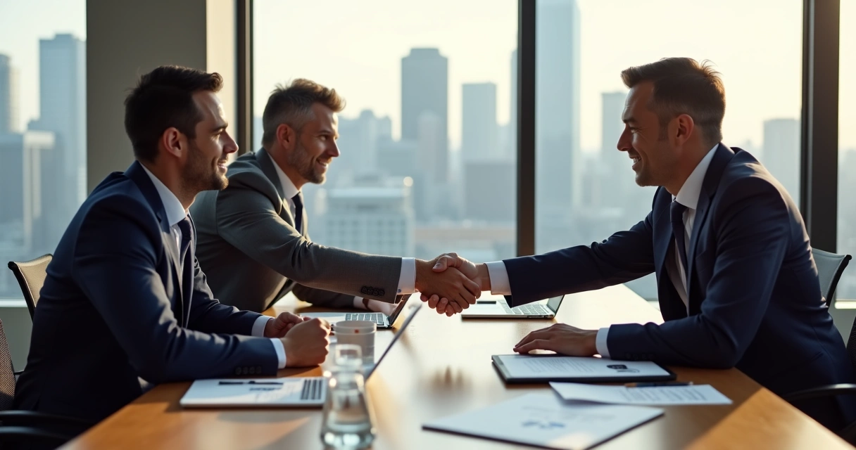 Executivos em reunião de negociação apertando as mãos com expressão colaborativa 