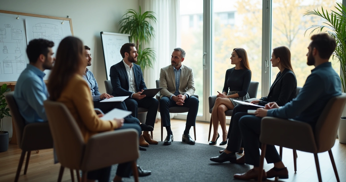 Grupo de líderes empresariales sentados en círculo reflexionando. 
