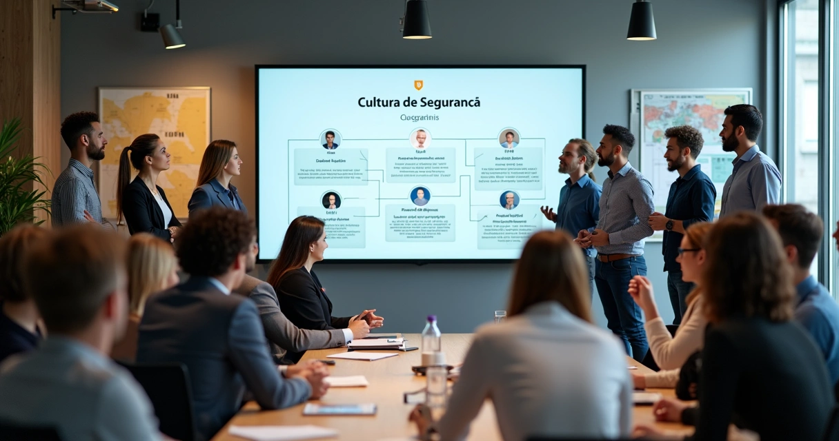 Gestores reunidos com equipe discutindo segurança do trabalho 