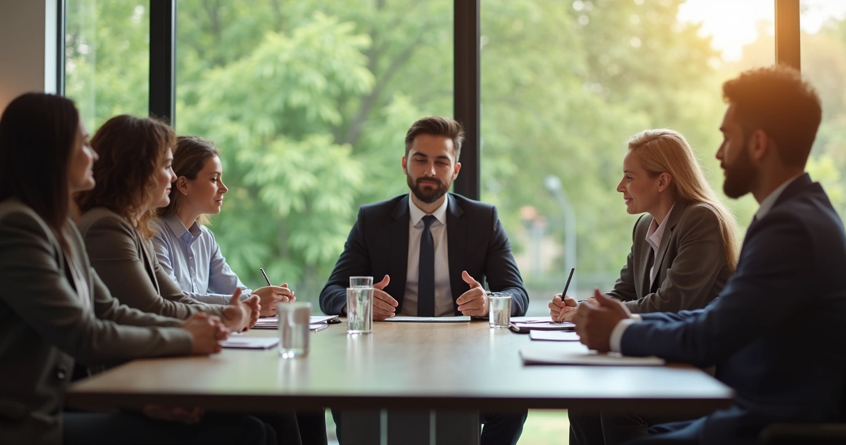 Gestores reunidos em sala de reunião moderna, todos em clima de serenidade.