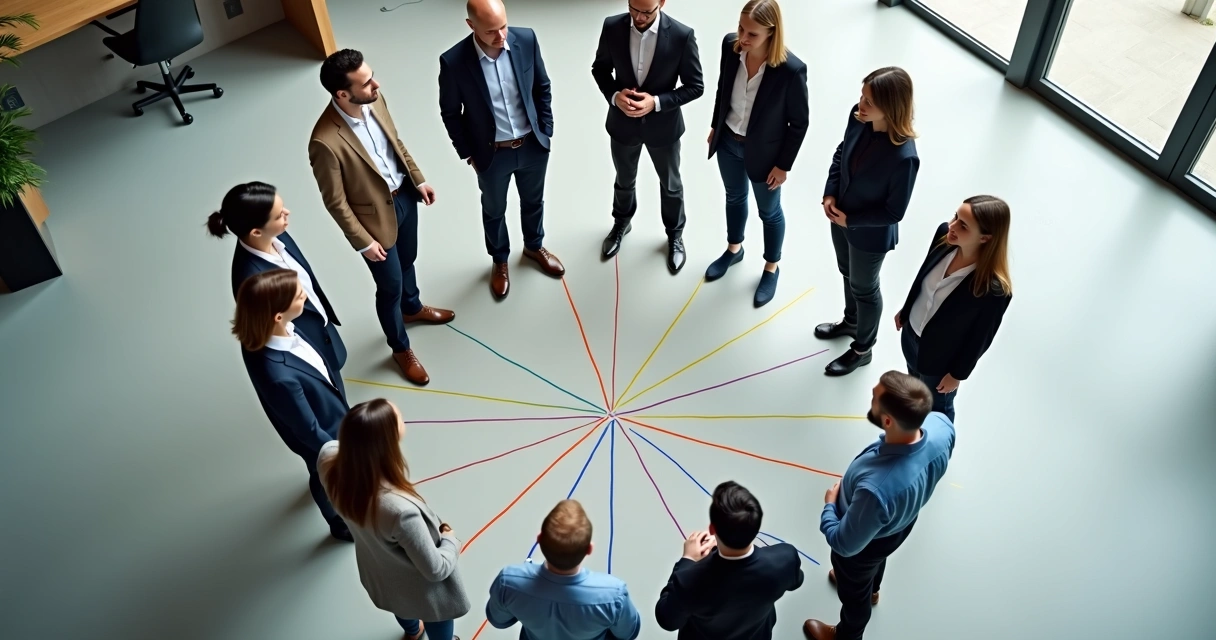 Líderes e equipe em círculo numa dinâmica de integração 