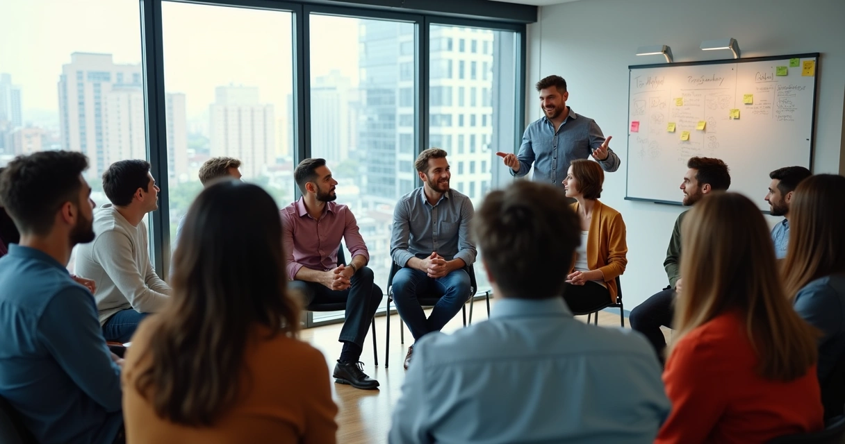 Grupo de personas en círculo conversando en una oficina moderna. 