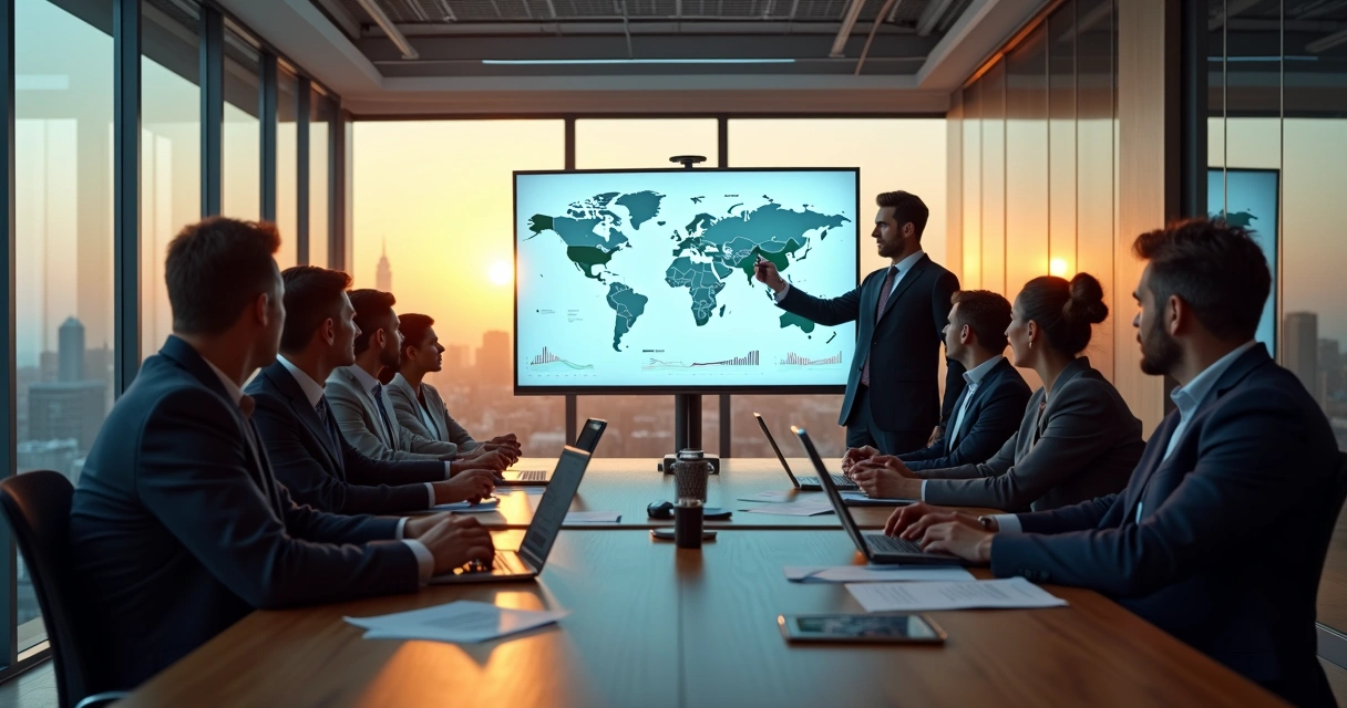 Líderes em reunião analisando painel digital de estratégia 