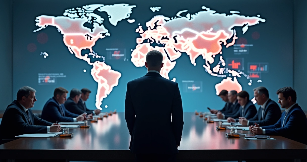 Líder em destaque com expressão distante diante de mapa-múndi em crise 