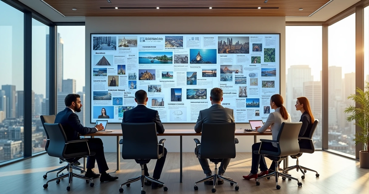 Equipe de líderes em reunião olhando para quadro de visão compartilhada